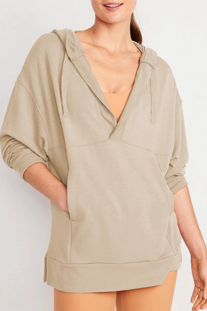 Solid V Neck Casual Tops with Pocket