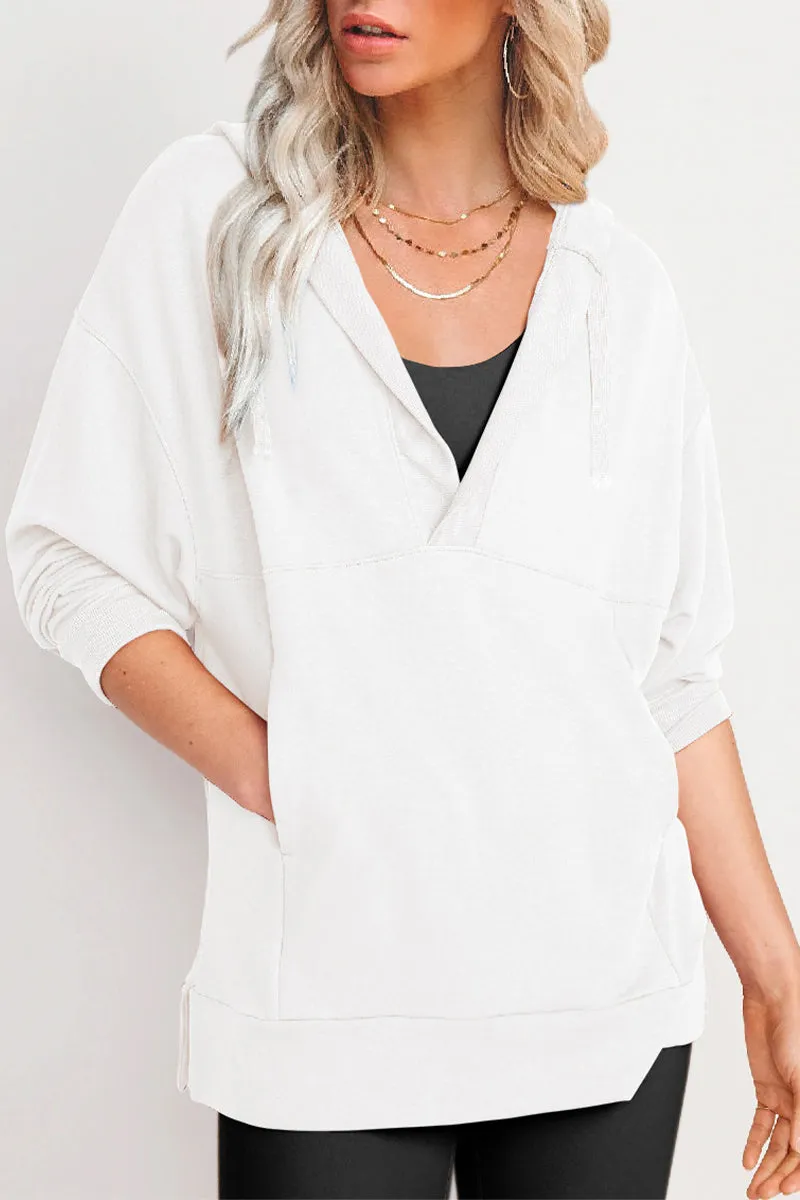 Solid V Neck Casual Tops with Pocket