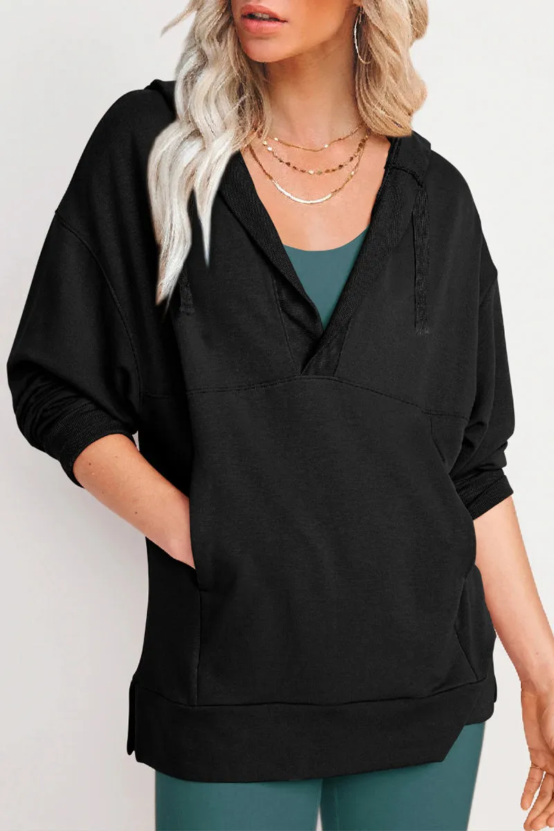 Solid V Neck Casual Tops with Pocket