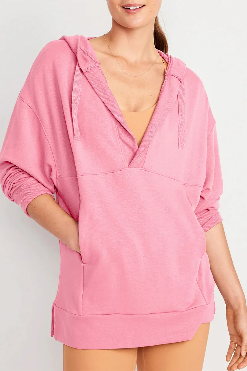 Solid V Neck Casual Tops with Pocket