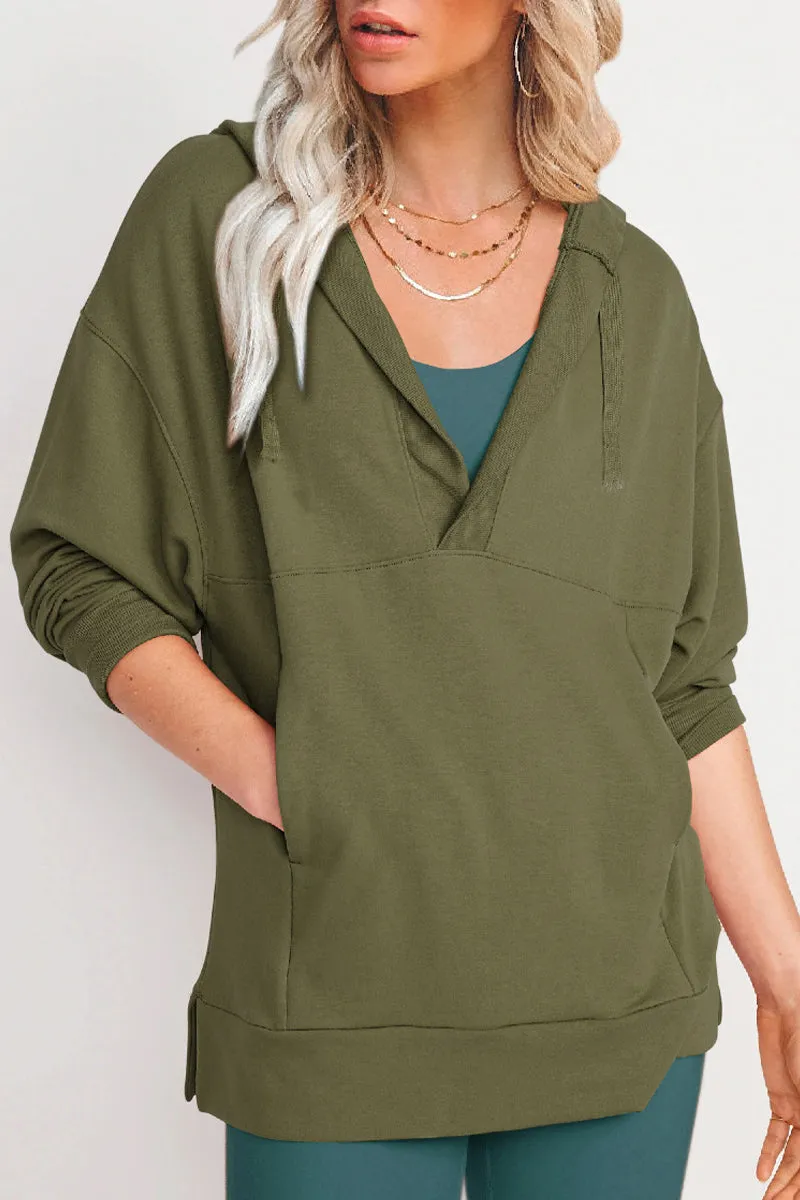 Solid V Neck Casual Tops with Pocket