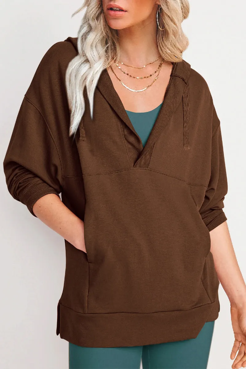 Solid V Neck Casual Tops with Pocket