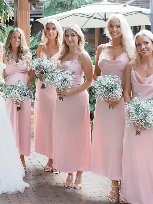 Pink Spaghetti Strap Column Bridesmaid Dress, BG385