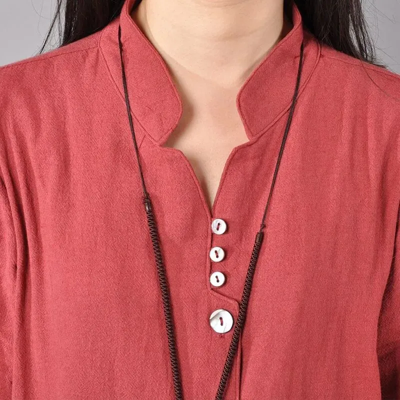 Women's Chinese Style V-neck Long Sleeve Tops with Button Front and Pockets