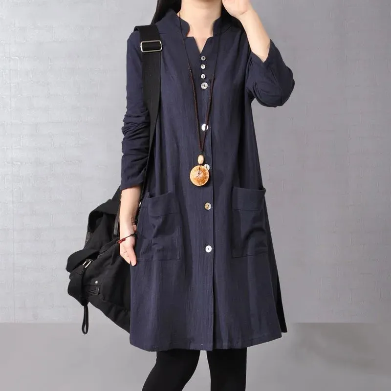 Women's Chinese Style V-neck Long Sleeve Tops with Button Front and Pockets