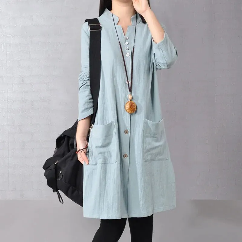 Women's Chinese Style V-neck Long Sleeve Tops with Button Front and Pockets