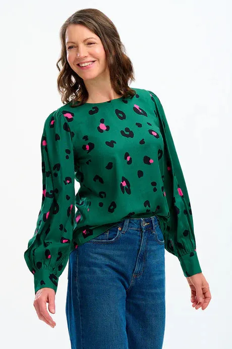 Green Leopard Puff Sleeve Top - Sugarhill Ronnie