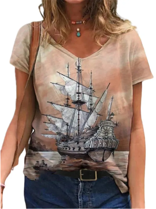 Plus Size Summer Casual 3D Boat Print Loose T-Shirt for Women