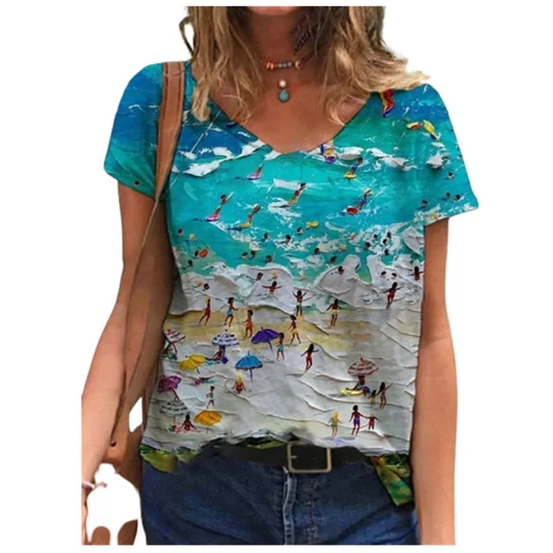 Plus Size Summer Casual 3D Boat Print Loose T-Shirt for Women