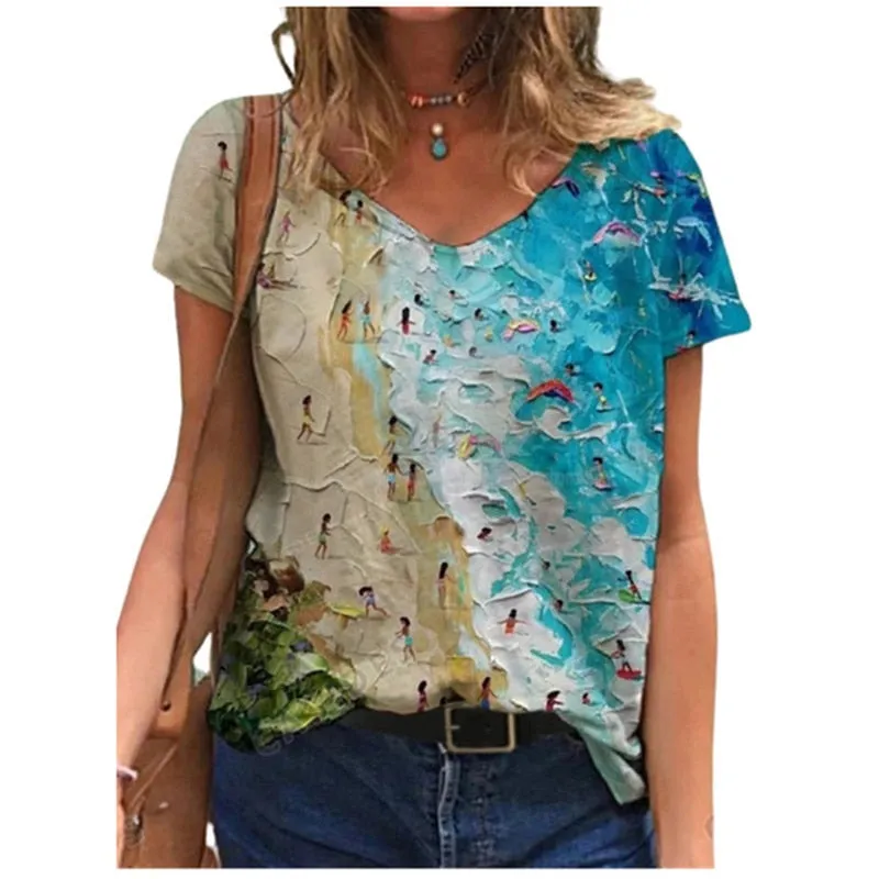 Plus Size Summer Casual 3D Boat Print Loose T-Shirt for Women