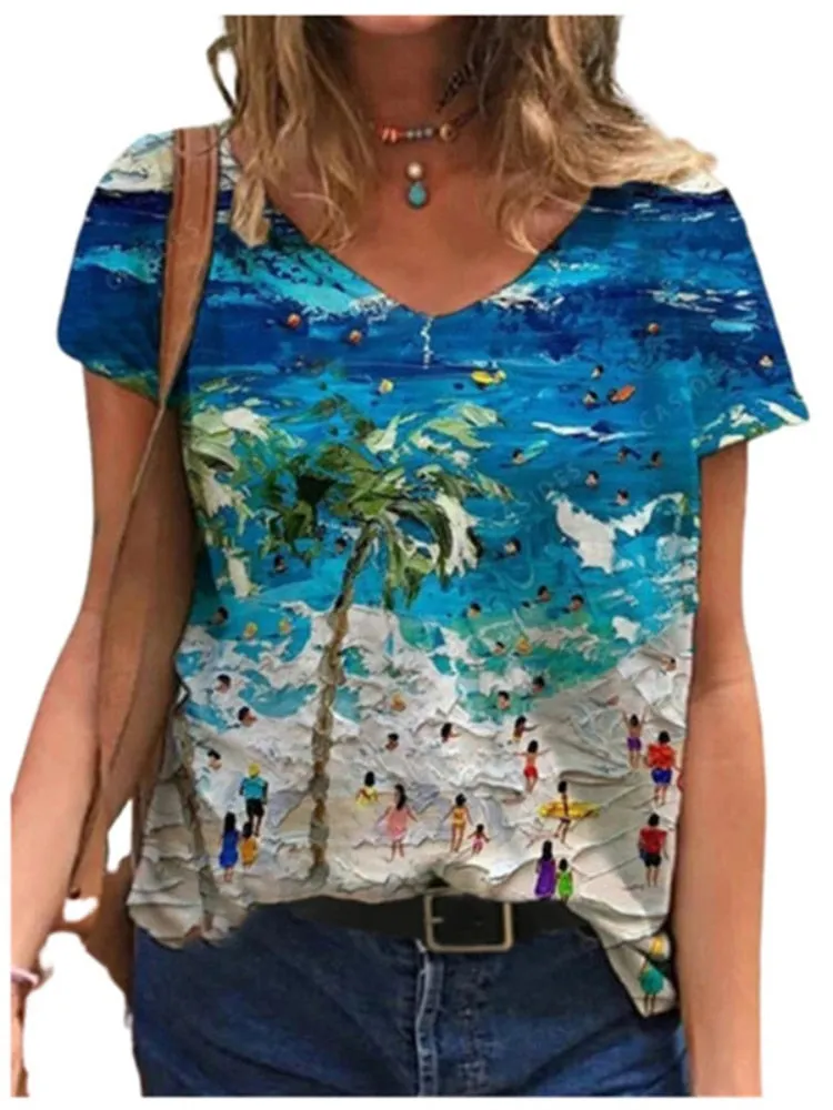 Plus Size Summer Casual 3D Boat Print Loose T-Shirt for Women