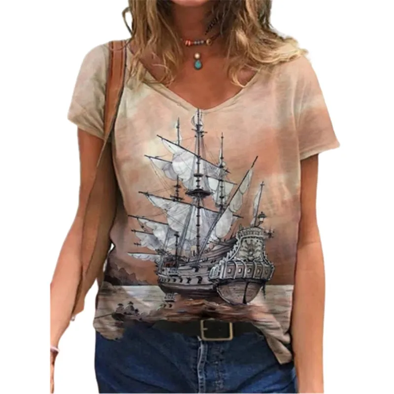 Plus Size Summer Casual 3D Boat Print Loose T-Shirt for Women