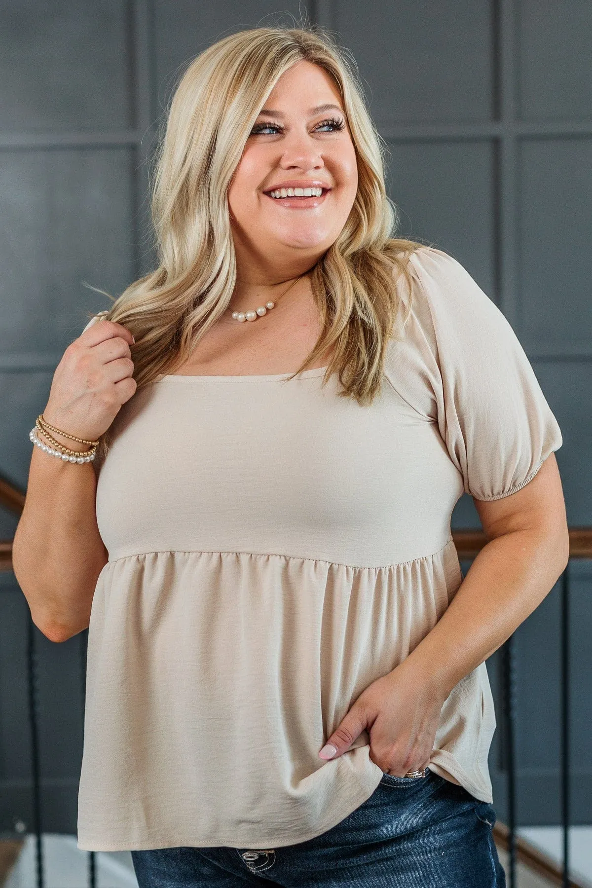 Taupe Happy To See You Puff Sleeve Top