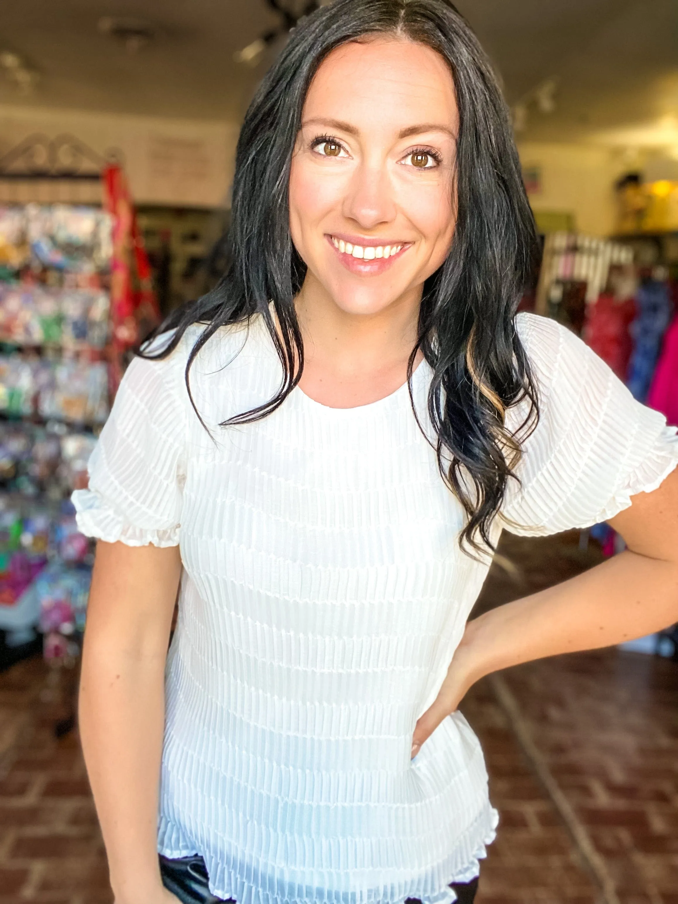 White Textured Puff Sleeve Top