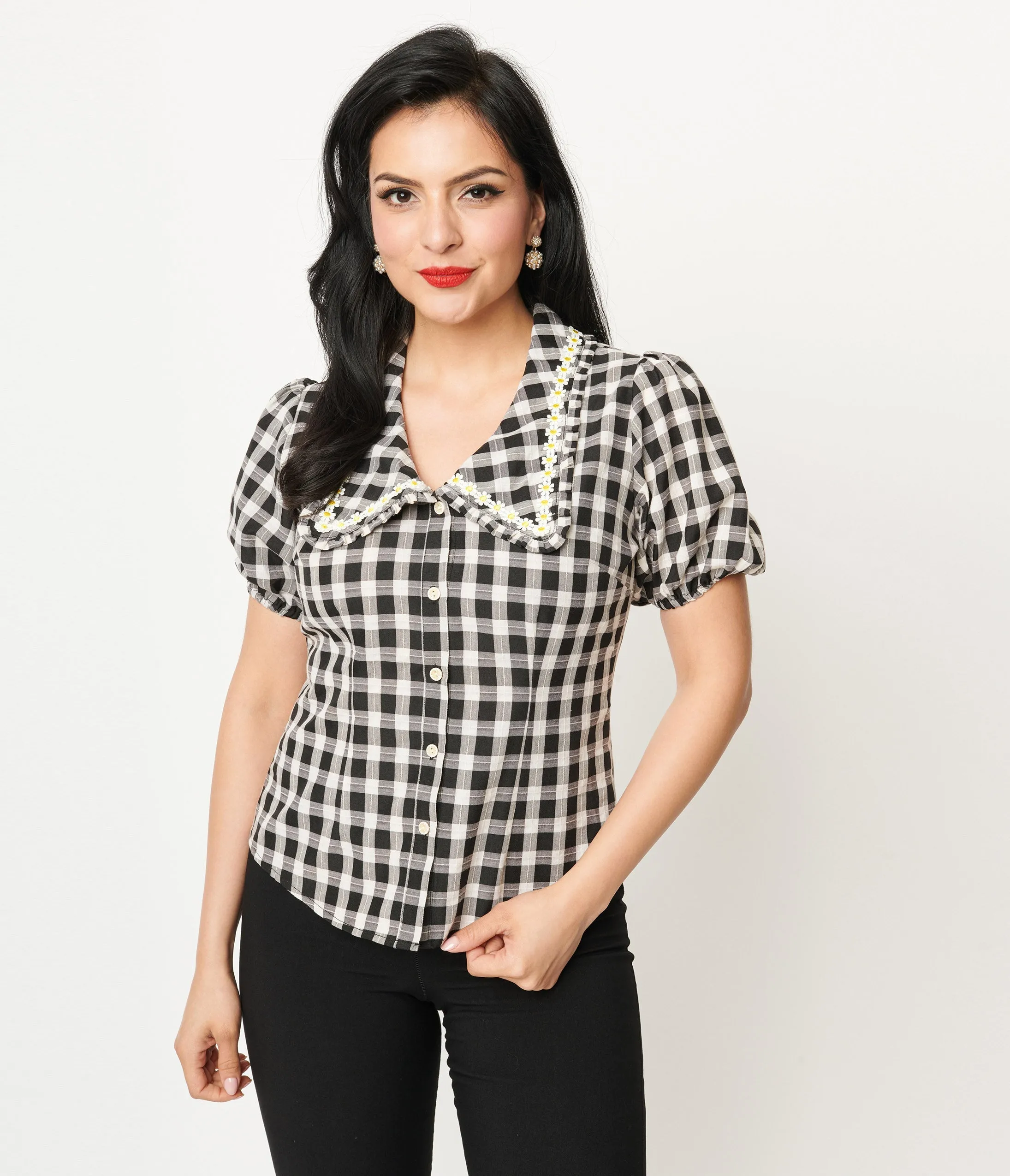 1930s Vintage White & Black Gingham Daisy Blouse