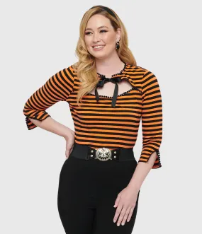 Retro 1950s Orange & Black Striped Top with Cutout Neck Tie