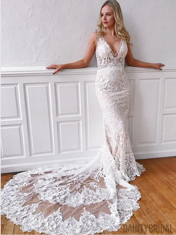 V-neck Lace Mermaid Wedding Gown With Train