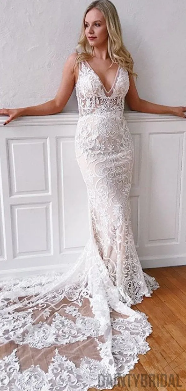 V-neck Lace Mermaid Wedding Gown With Train