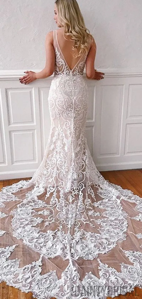 V-neck Lace Mermaid Wedding Gown With Train