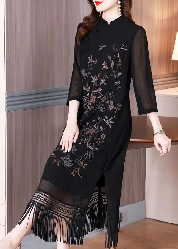 Black Tasseled Embroidered Silk Long Dresses Bracelet Sleeve HA1035