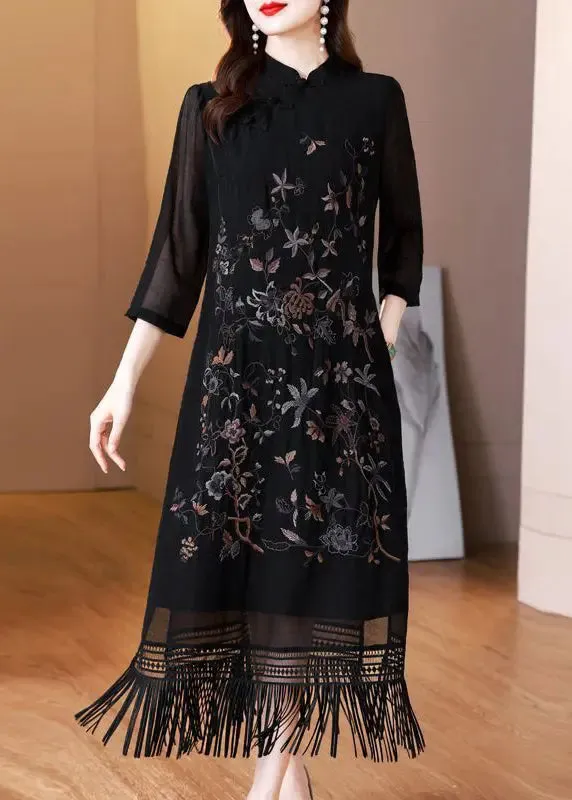 Black Tasseled Embroidered Silk Long Dresses Bracelet Sleeve HA1035