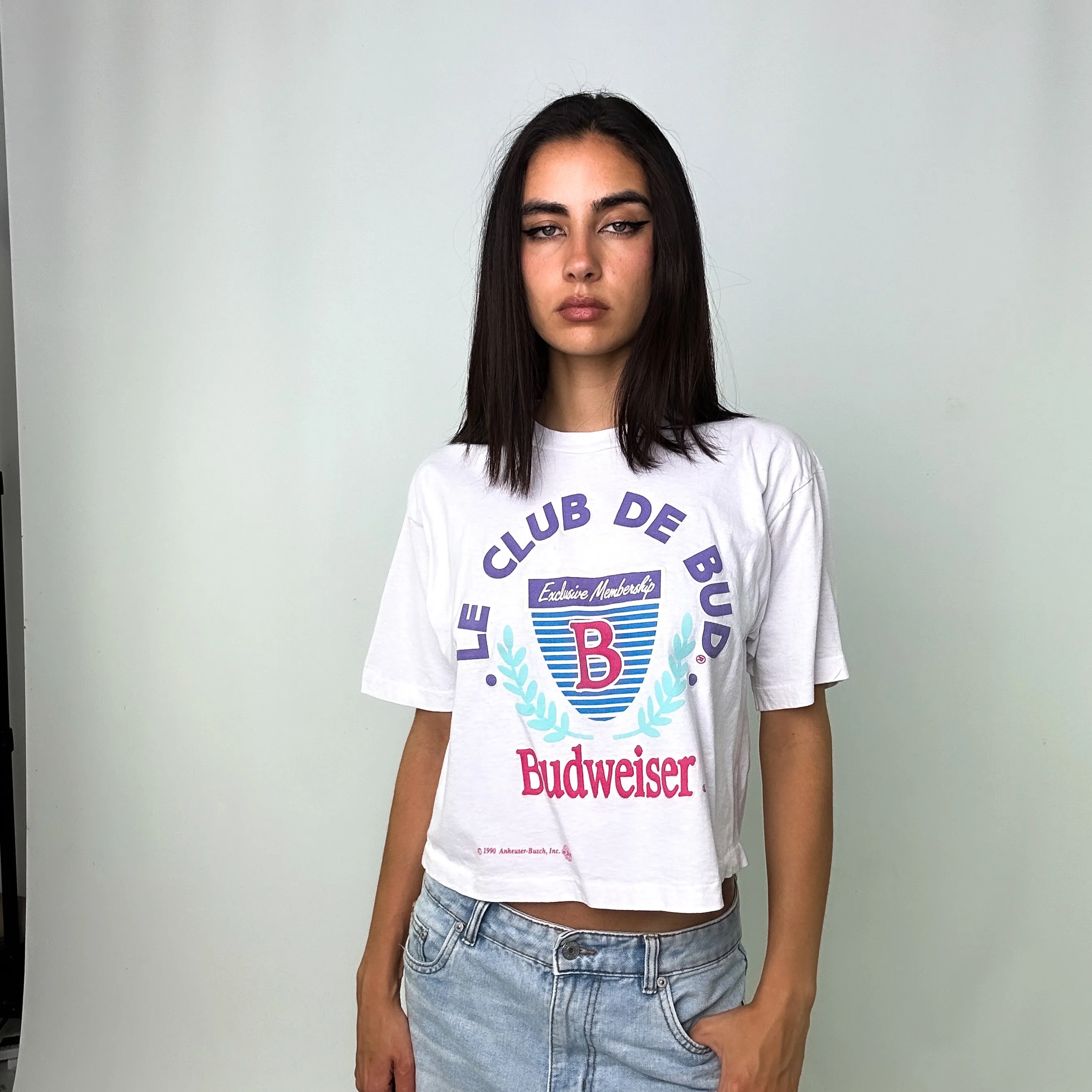 White 90s Cropped Budweiser, 1990 Single Stitch T-Shirt (S)