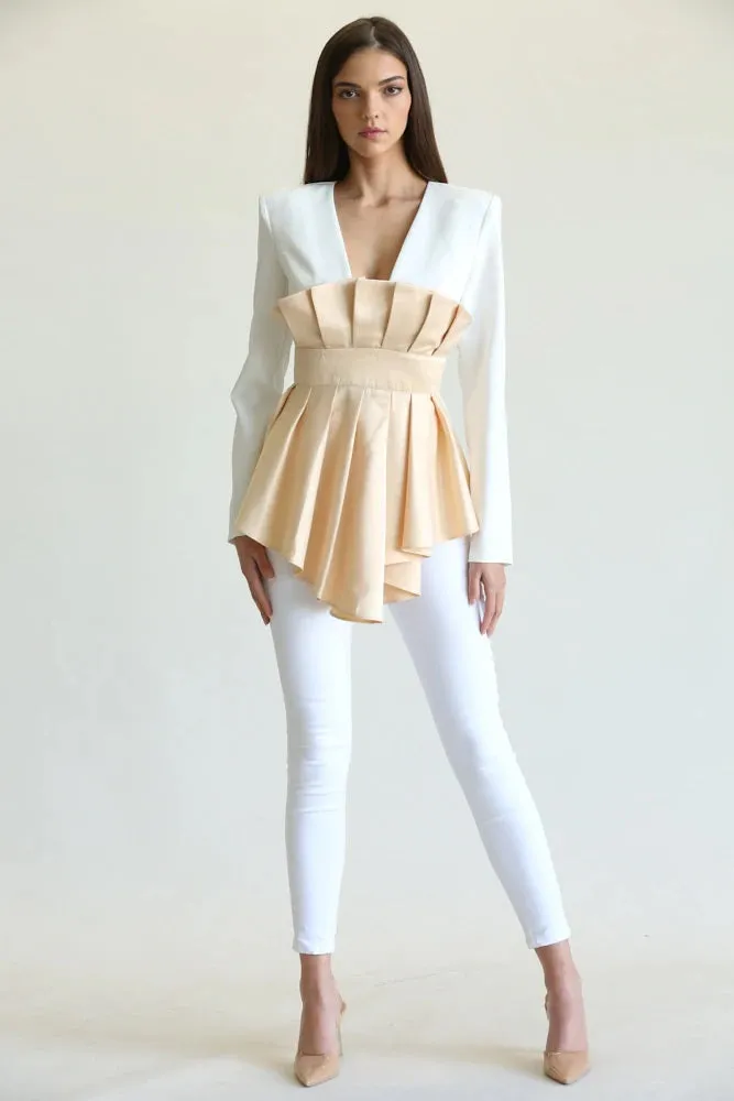 White Champagne Long Sleeve Top with Pleated Satin Front Overlay