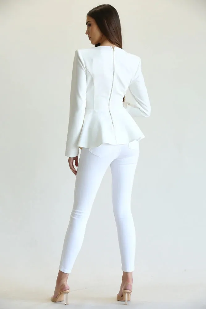 White Champagne Long Sleeve Top with Pleated Satin Front Overlay