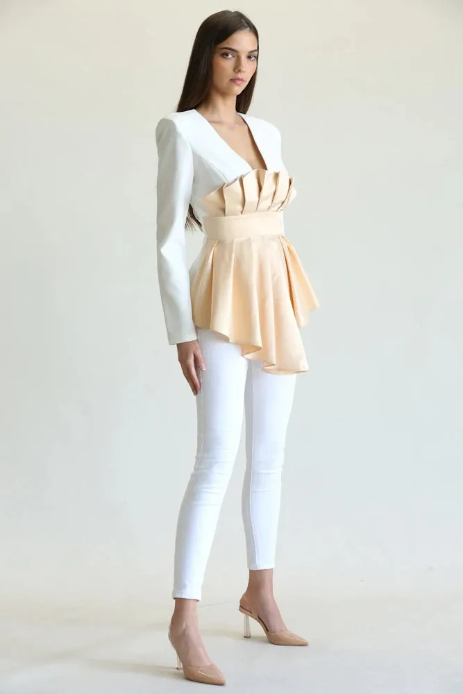 White Champagne Long Sleeve Top with Pleated Satin Front Overlay