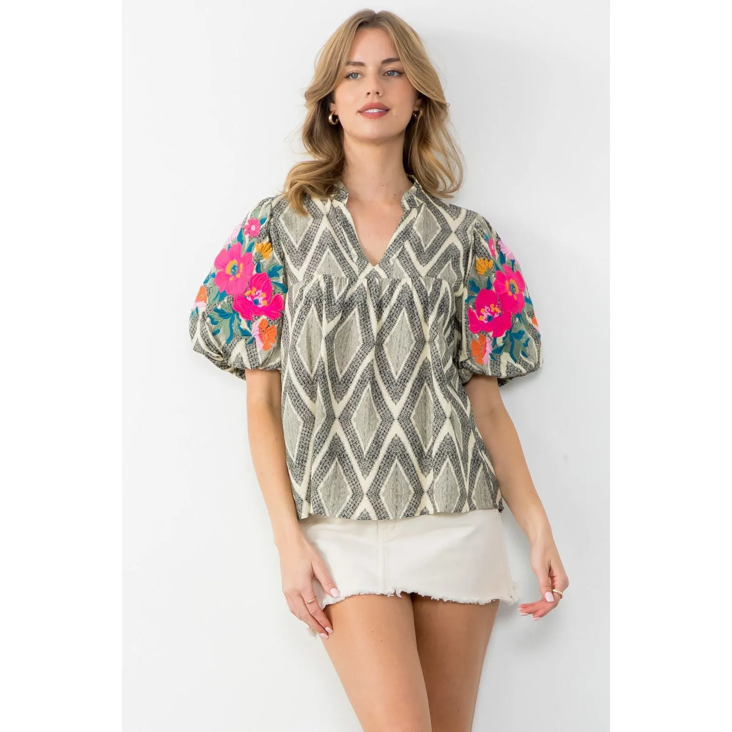 THML Top with Puff Sleeves Embroidered in Grace