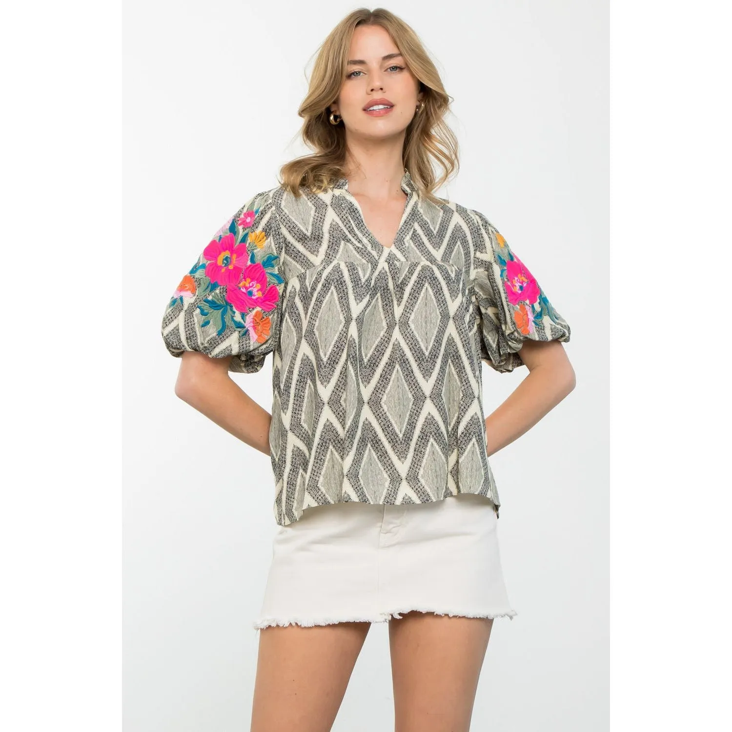 THML Top with Puff Sleeves Embroidered in Grace