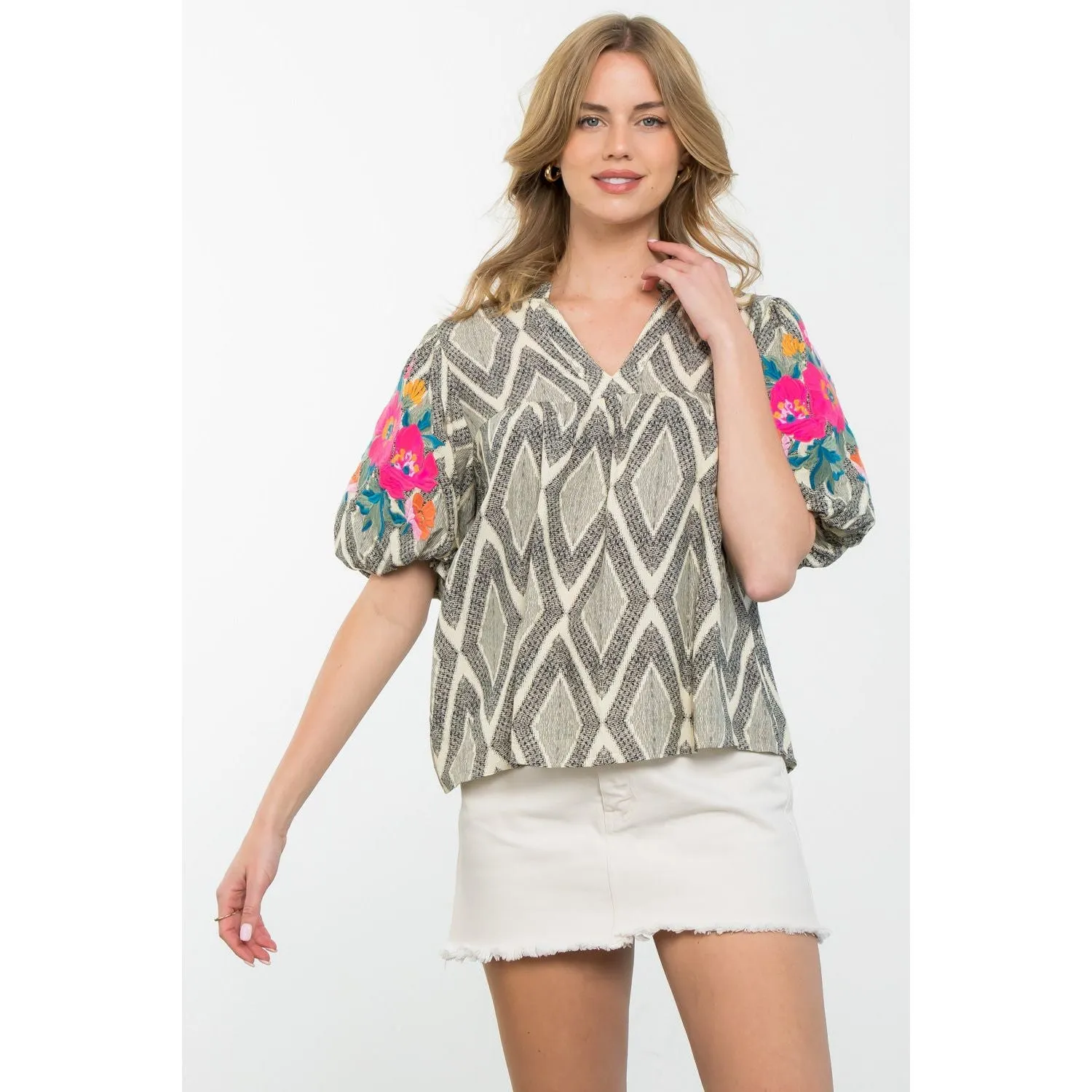 THML Top with Puff Sleeves Embroidered in Grace