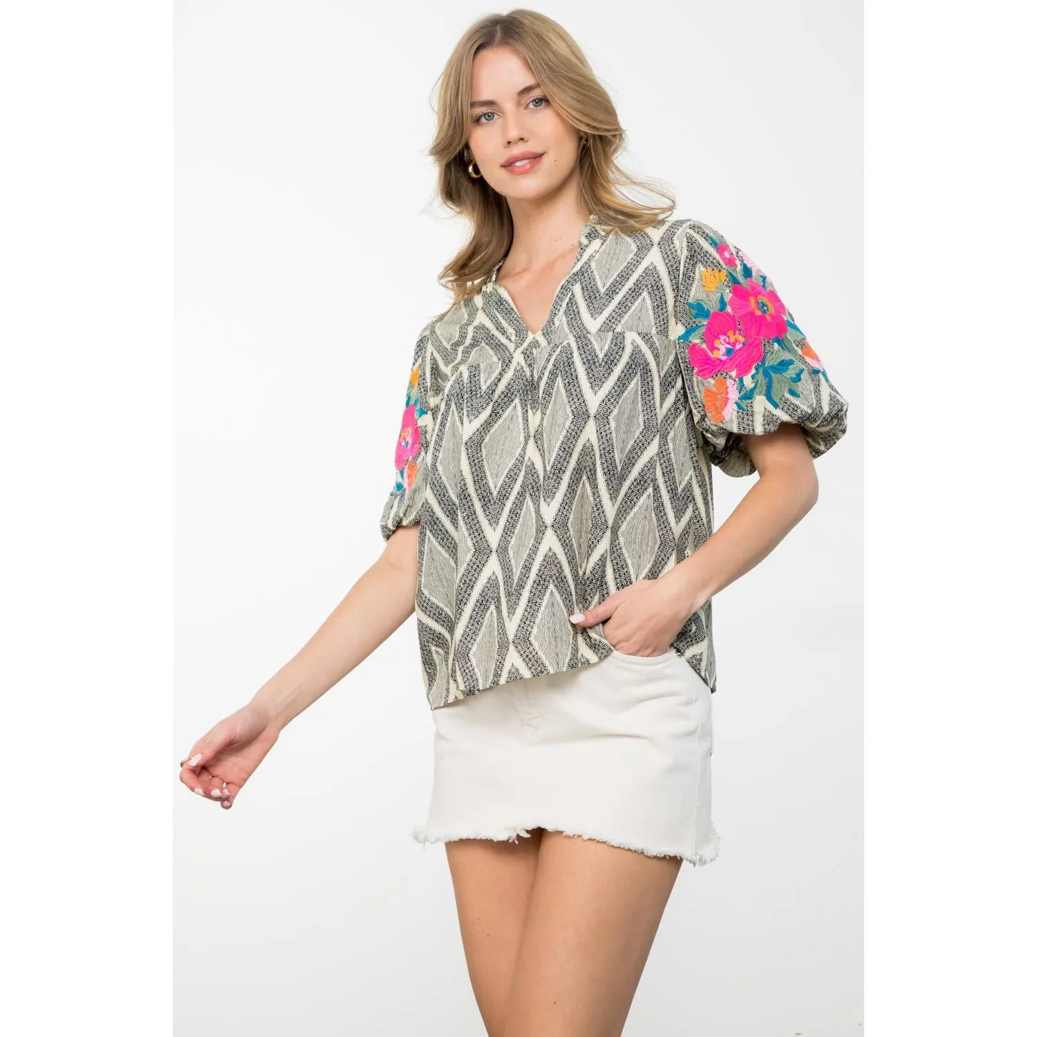 THML Top with Puff Sleeves Embroidered in Grace