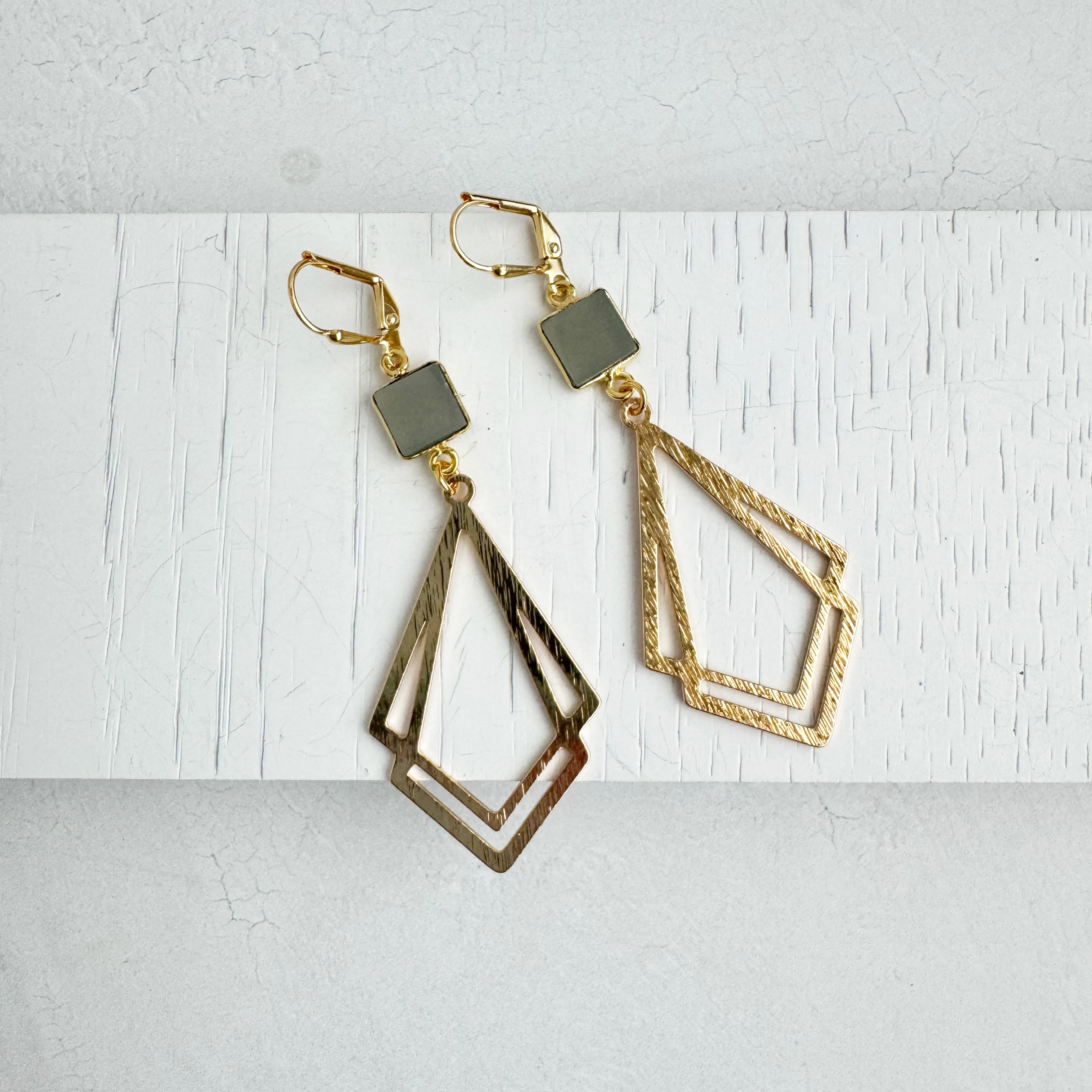 White Quartz and Double Kite Statement Earrings in Brushed Gold