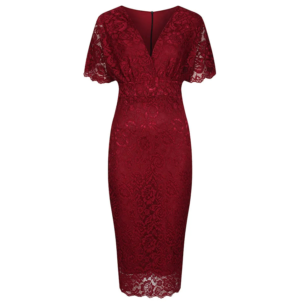 Wine Red Vintage Capped Rose Lace Pencil Wiggle Dress