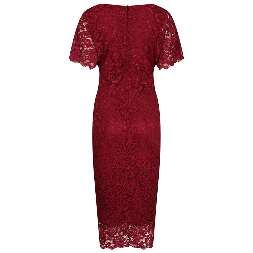 Wine Red Vintage Capped Rose Lace Pencil Wiggle Dress