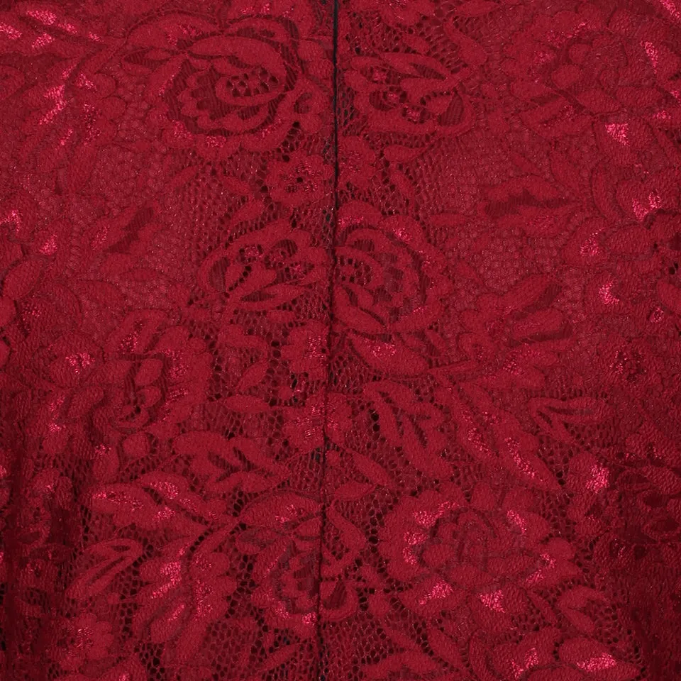 Wine Red Vintage Capped Rose Lace Pencil Wiggle Dress