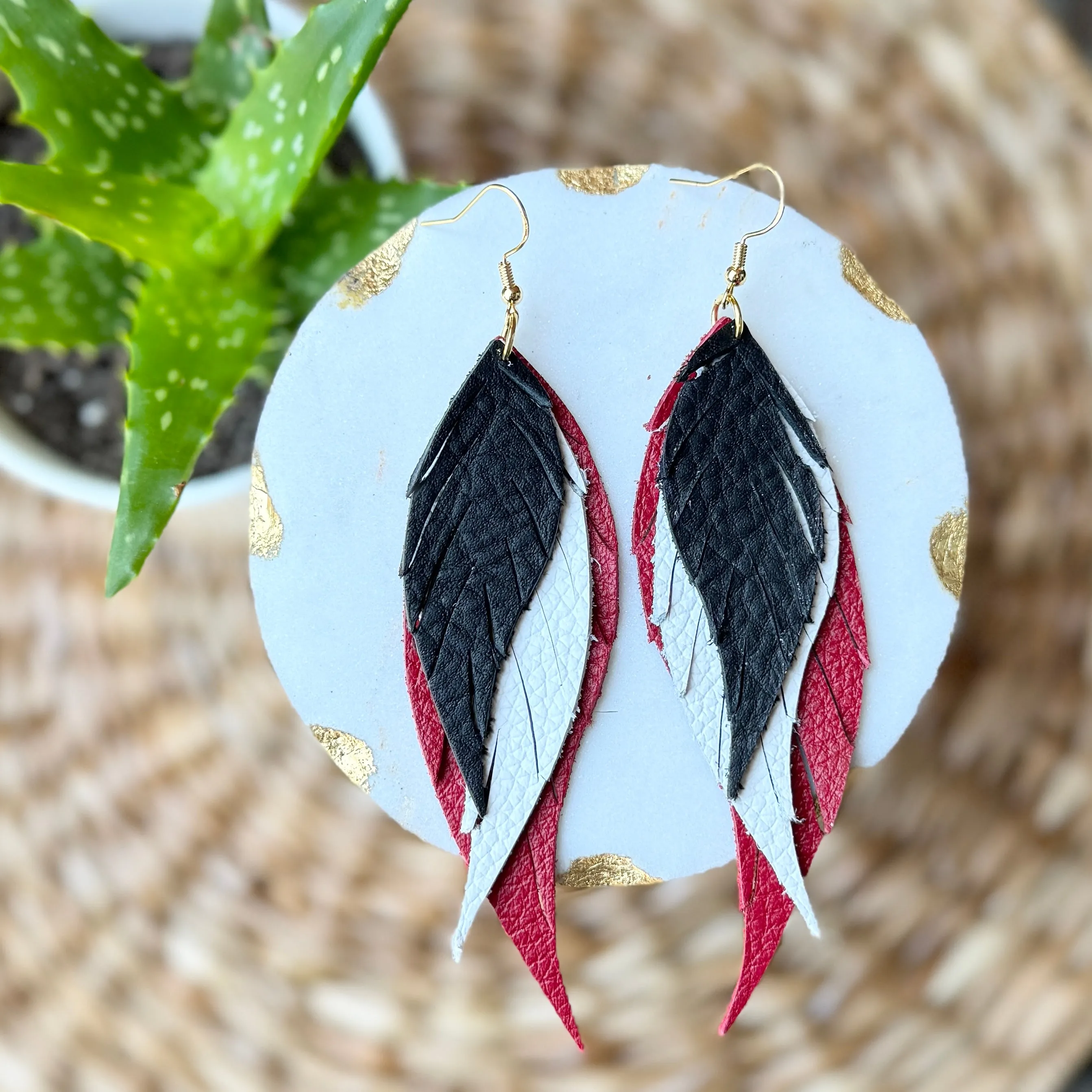 Black White Red Angel Wings Leather Earrings