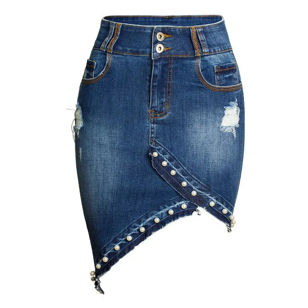 Ripped Denim Asymmetrical High Waist Women Jeans Pencil Skirts