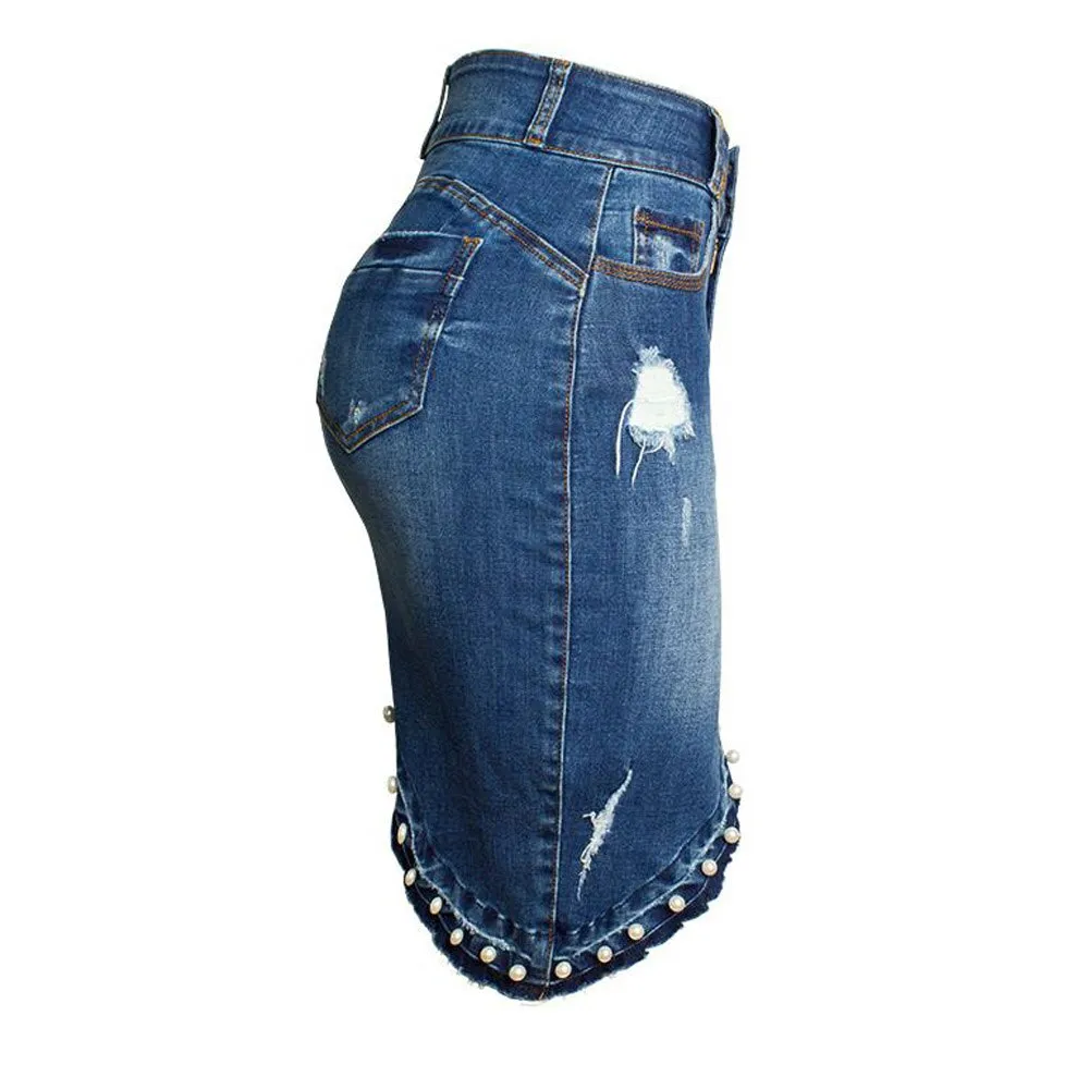 Ripped Denim Asymmetrical High Waist Women Jeans Pencil Skirts