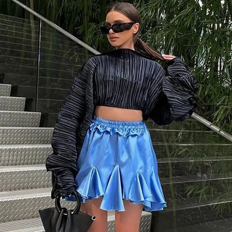 French Style Frilly Ruched Long Sleeve Crop Top